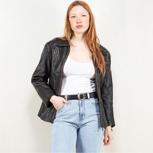 Black Leather Jacket with Zipper Details